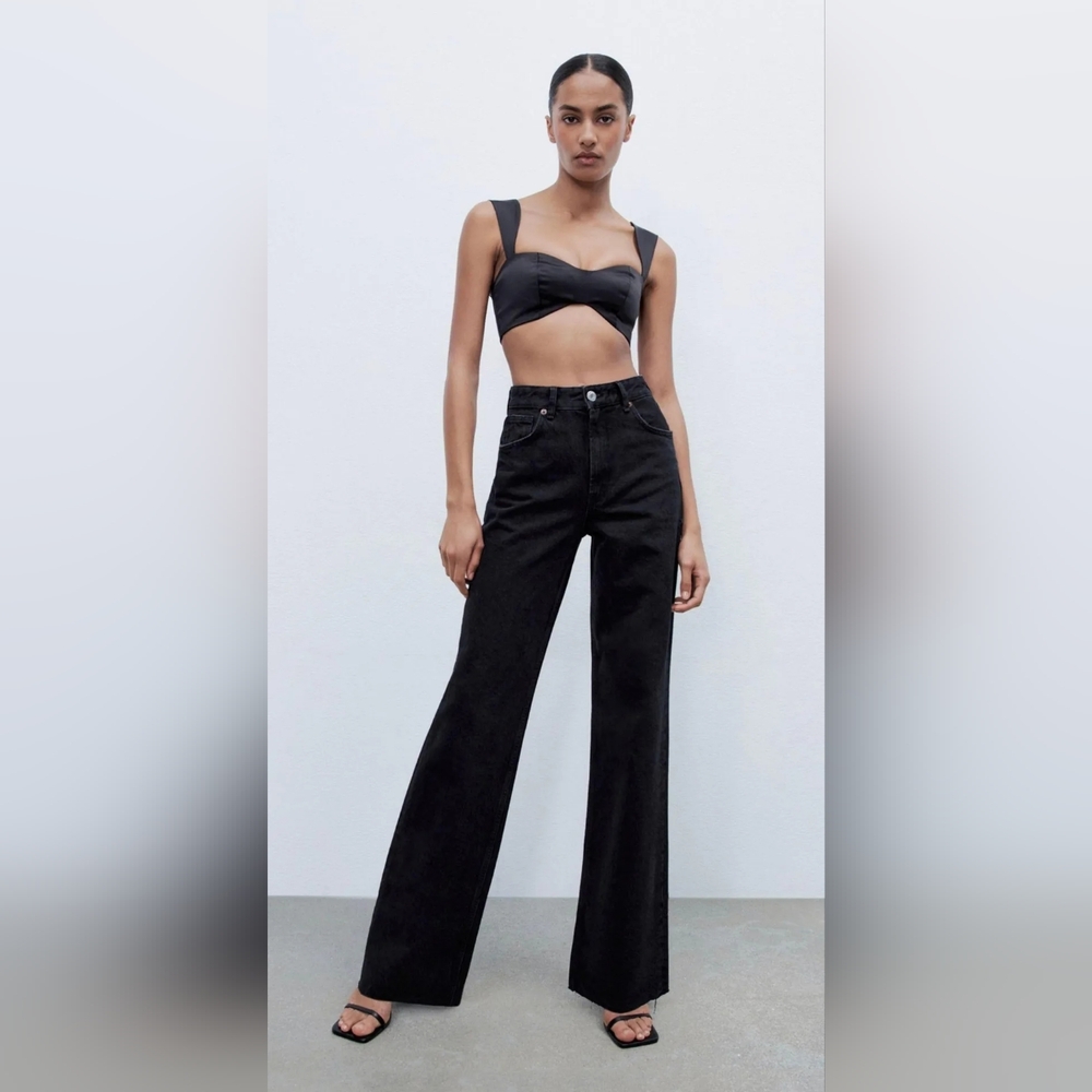 Zara Black High Rise Frayed Hem Straight Leg Jeans